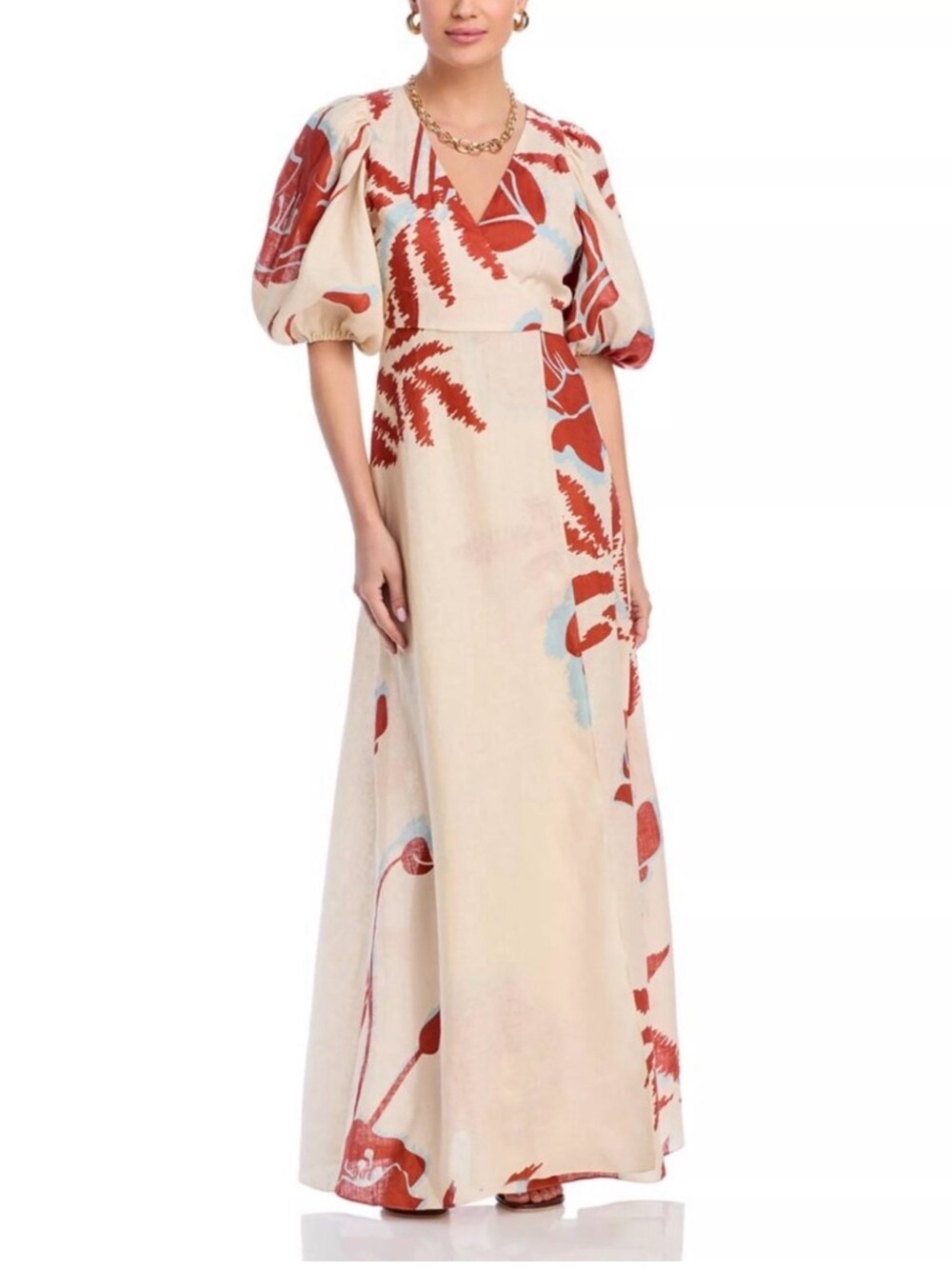 Juan de Dios Ermita Linen Midi Dress In Ecru & Orange Gladiolos Size 6